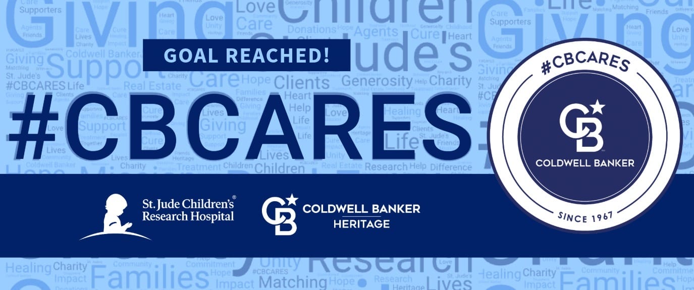 CB Cares banner celebrating Coldwell Banker Heritage’s partnership with St. Jude Children’s Research Hospital and local fundraising milestone